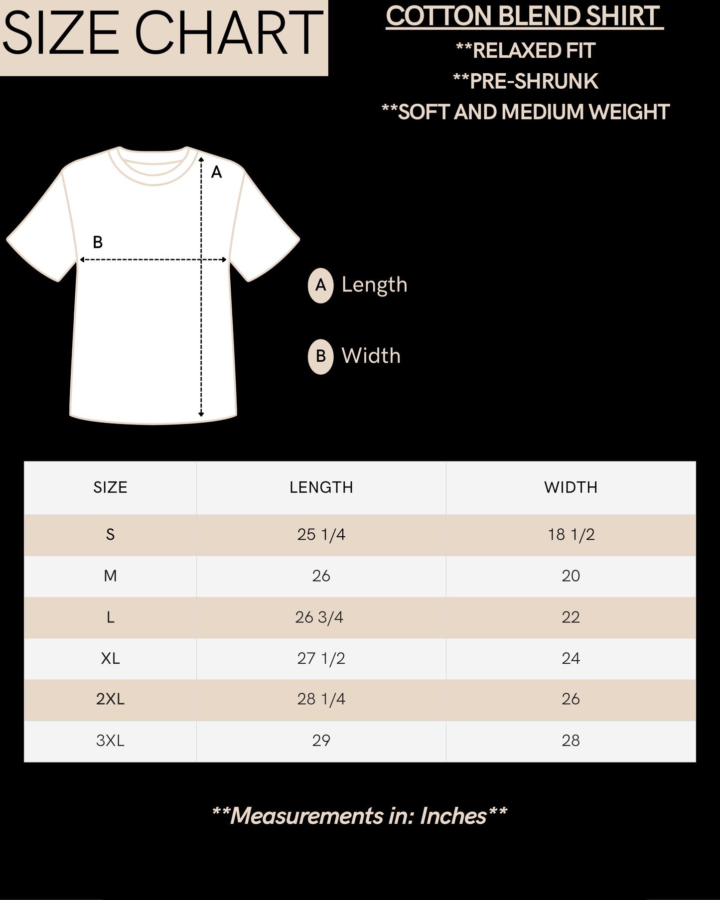 TMPØ women's cotton blend tee size chart - length and width measurements by size