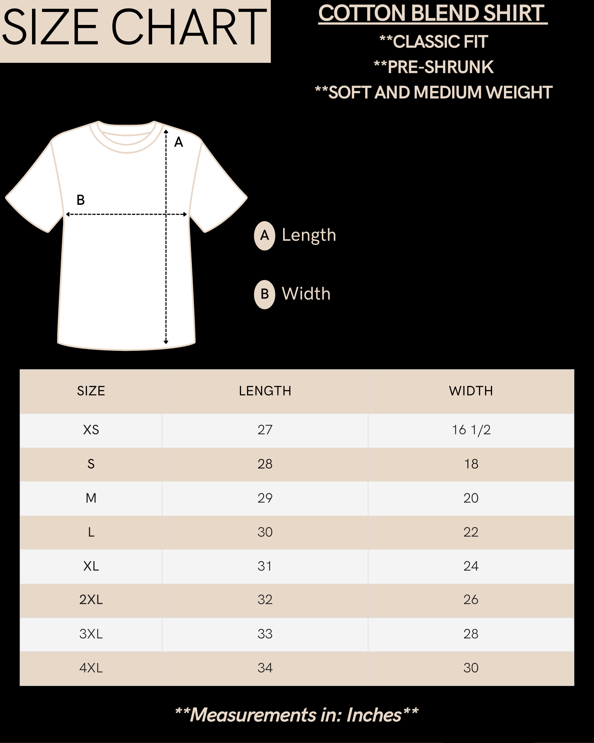 TMPØ cotton blend tee size chart - length and width measurements by size