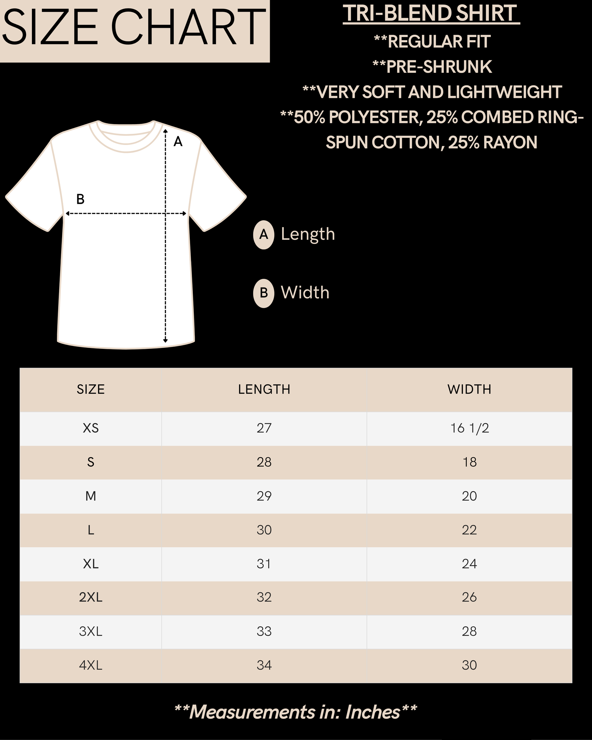 TMPØ tri-blend tee size chart - length and width measurements by size