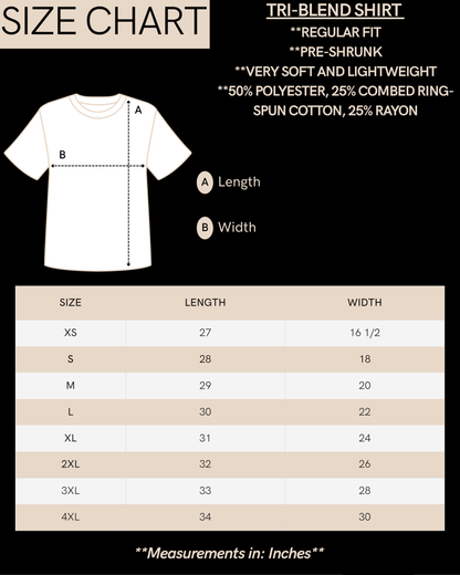 TMPØ tri-blend tee size chart - length and width measurements by size